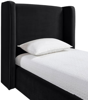 Meridian Furniture Kendall Winged Upholstered Twin Bed with Slatted Platform Base for Modern Bedrooms Black Velvet B1283Black-T