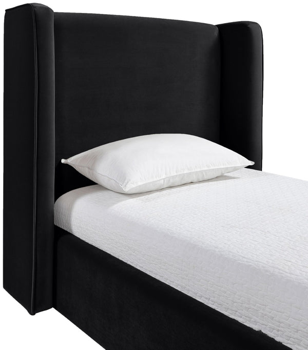 Meridian Furniture Kendall Winged Upholstered Twin Bed with Slatted Platform Base for Modern Bedrooms Black Velvet B1283Black-T