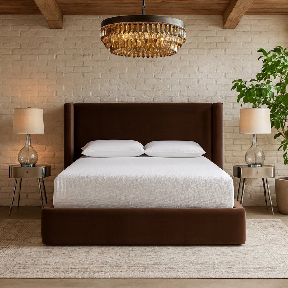Meridian Furniture Kendall Winged Velvet Platform Full Bed with Tailored Headboard for Modern Bedrooms B1283Brown-F