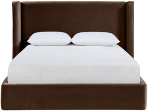Meridian Furniture Kendall Winged Upholstered King Bed with Slatted Platform Base for Modern Bedroom Elegance Brown Velvet B1283Brown-K