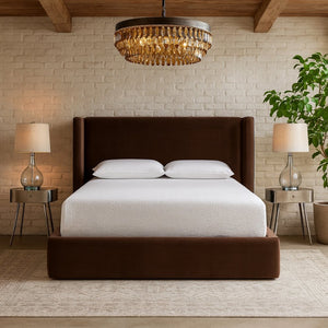 Meridian Furniture Kendall Winged Queen Bed Fully Upholstered Tailored Frame for Modern Bedroom Styling Brown Velvet B1283Brown-Q