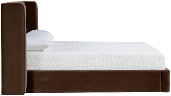 Meridian Furniture Kendall Winged Queen Bed Fully Upholstered Tailored Frame for Modern Bedroom Styling Brown Velvet B1283Brown-Q