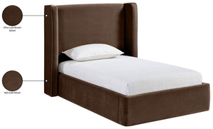 Meridian Furniture Kendall Winged Upholstered Twin Bed with Slatted Platform Base for Modern Bedrooms Brown Velvet B1283Brown-T