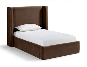 Meridian Furniture Kendall Winged Upholstered Twin Bed with Slatted Platform Base for Modern Bedrooms Brown Velvet B1283Brown-T