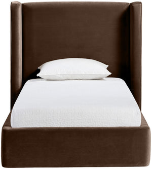 Meridian Furniture Kendall Winged Upholstered Twin Bed with Slatted Platform Base for Modern Bedrooms Brown Velvet B1283Brown-T