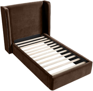 Meridian Furniture Kendall Winged Upholstered Twin Bed with Slatted Platform Base for Modern Bedrooms Brown Velvet B1283Brown-T