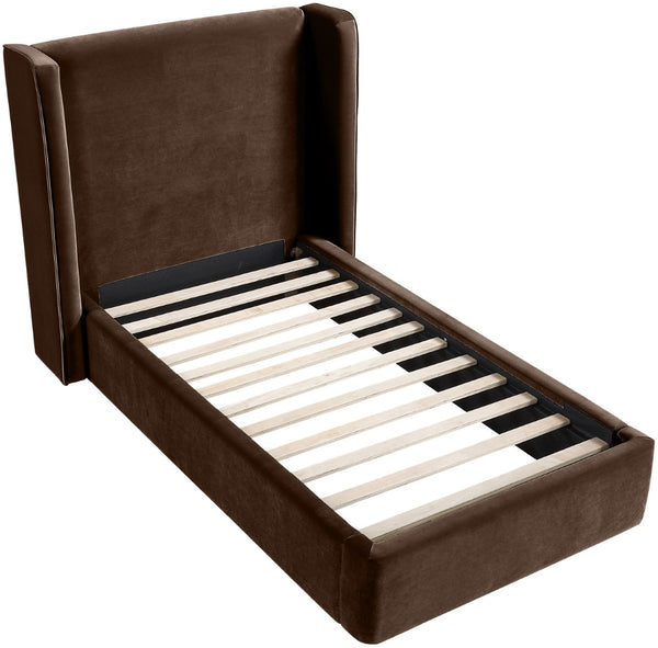 Meridian Furniture Kendall Winged Upholstered Twin Bed with Slatted Platform Base for Modern Bedrooms Brown Velvet B1283Brown-T