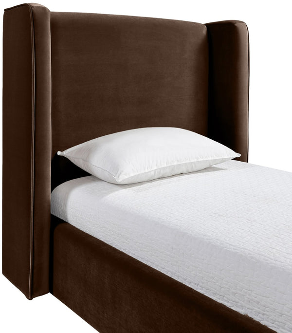 Meridian Furniture Kendall Winged Upholstered Twin Bed with Slatted Platform Base for Modern Bedrooms Brown Velvet B1283Brown-T