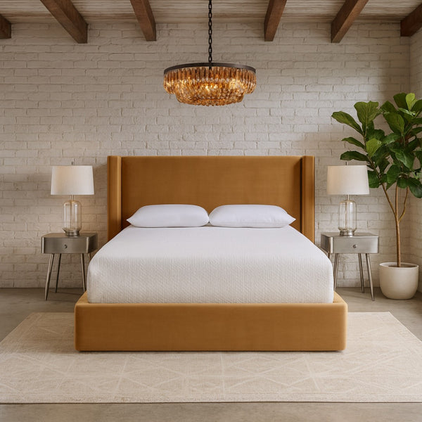 Meridian Furniture Kendall Winged Velvet Full Bed with Tailored Frame for Glam Contemporary Bedrooms B1283Camel-F