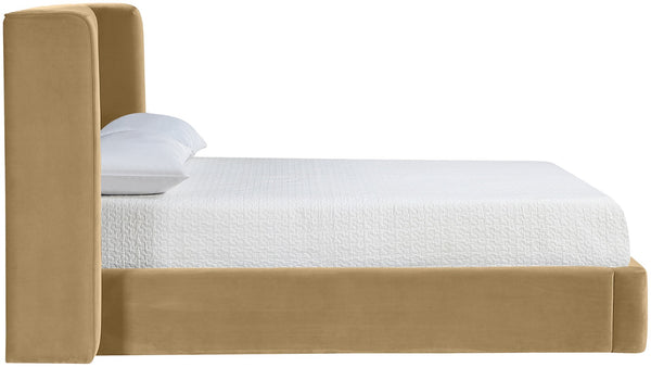 Meridian Furniture Kendall Winged Velvet Full Bed with Tailored Frame for Glam Contemporary Bedrooms B1283Camel-F