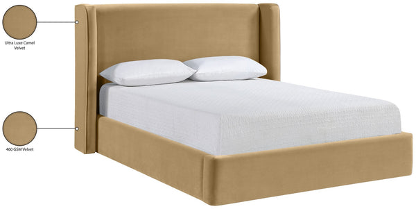 Meridian Furniture Kendall Winged Upholstered King Bed with Slatted Platform Base for Modern Bedroom Elegance Camel Velvet B1283Camel-K