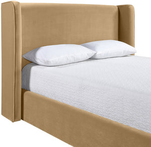 Meridian Furniture Kendall Winged Upholstered King Bed with Slatted Platform Base for Modern Bedroom Elegance Camel Velvet B1283Camel-K
