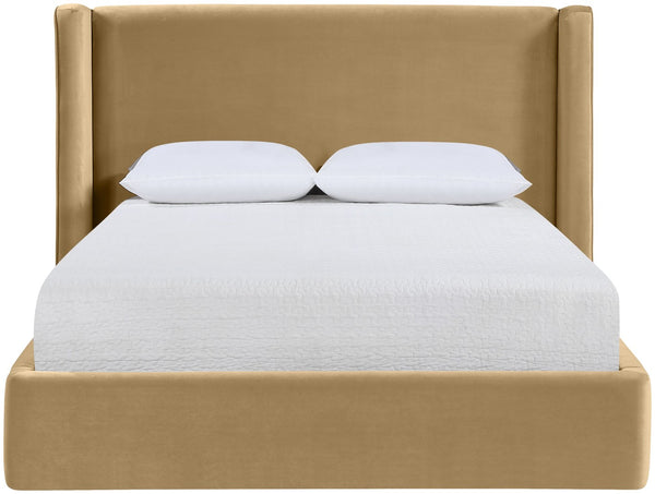 Meridian Furniture Kendall Winged Queen Bed Fully Upholstered Tailored Frame for Modern Bedroom Styling Camel Velvet B1283Camel-Q
