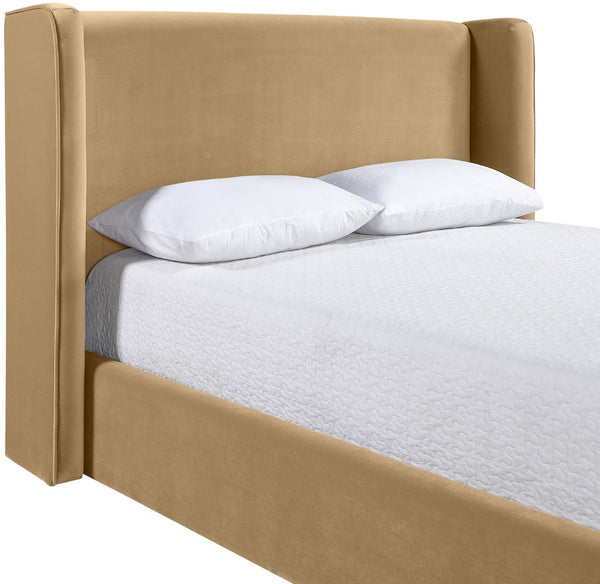 Meridian Furniture Kendall Winged Queen Bed Fully Upholstered Tailored Frame for Modern Bedroom Styling Camel Velvet B1283Camel-Q