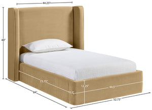 Meridian Furniture Kendall Winged Upholstered Twin Bed with Slatted Platform Base for Modern Bedrooms Camel Velvet B1283Camel-T