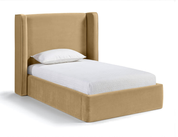 Meridian Furniture Kendall Winged Upholstered Twin Bed with Slatted Platform Base for Modern Bedrooms Camel Velvet B1283Camel-T