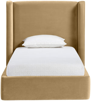 Meridian Furniture Kendall Winged Upholstered Twin Bed with Slatted Platform Base for Modern Bedrooms Camel Velvet B1283Camel-T