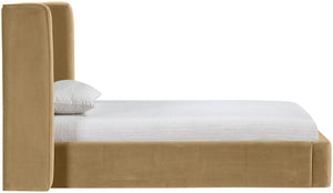 Meridian Furniture Kendall Winged Upholstered Twin Bed with Slatted Platform Base for Modern Bedrooms Camel Velvet B1283Camel-T