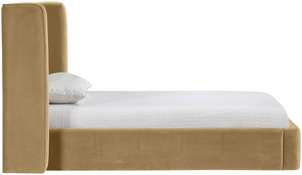 Meridian Furniture Kendall Winged Upholstered Twin Bed with Slatted Platform Base for Modern Bedrooms Camel Velvet B1283Camel-T
