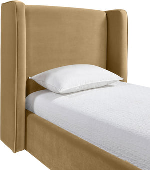 Meridian Furniture Kendall Winged Upholstered Twin Bed with Slatted Platform Base for Modern Bedrooms Camel Velvet B1283Camel-T