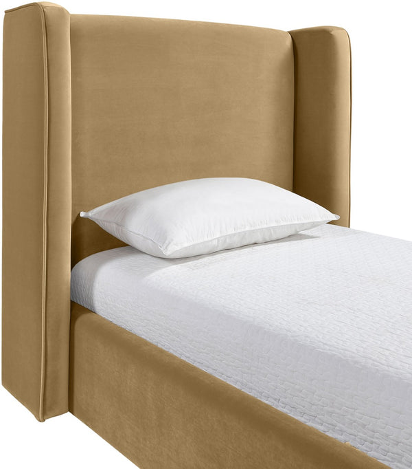 Meridian Furniture Kendall Winged Upholstered Twin Bed with Slatted Platform Base for Modern Bedrooms Camel Velvet B1283Camel-T