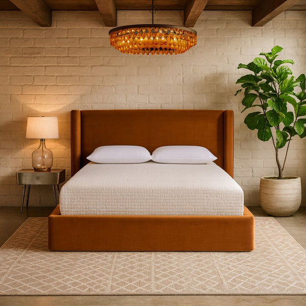 Meridian Furniture Kendall Winged Upholstered King Bed with Slatted Platform Base for Modern Bedroom Elegance Cognac Velvet B1283Cognac-K