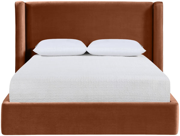 Meridian Furniture Kendall Winged Upholstered King Bed with Slatted Platform Base for Modern Bedroom Elegance Cognac Velvet B1283Cognac-K