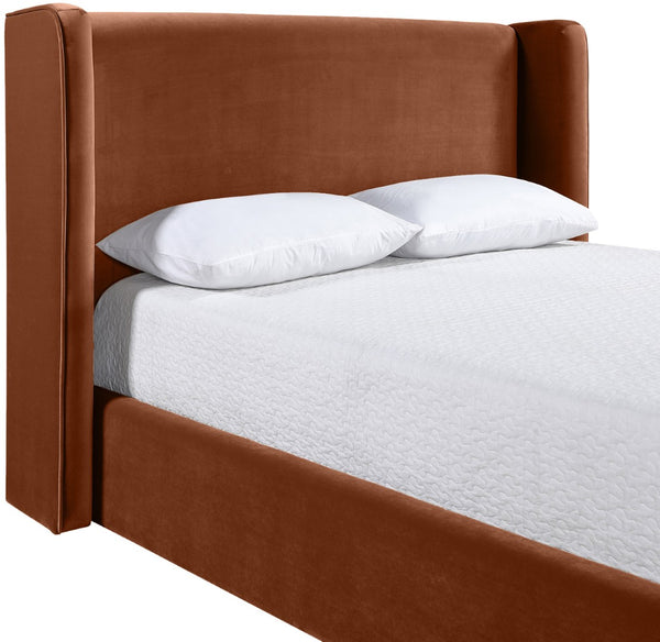 Meridian Furniture Kendall Winged Queen Bed Fully Upholstered Tailored Frame for Modern Bedroom Styling Cognac Velvet B1283Cognac-Q