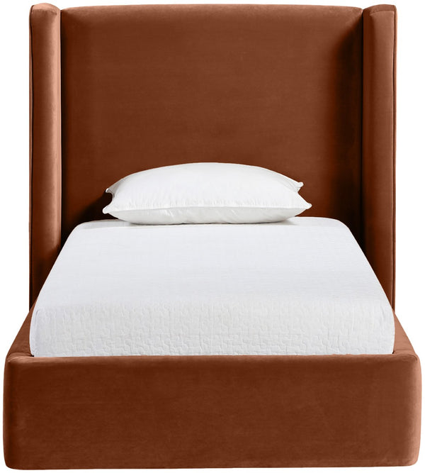 Meridian Furniture Kendall Winged Upholstered Twin Bed with Slatted Platform Base for Modern Bedrooms Cognac Velvet B1283Cognac-T