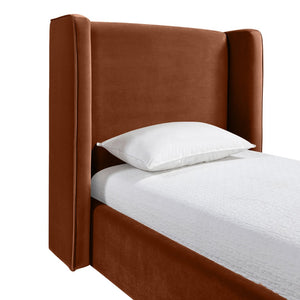 Meridian Furniture Kendall Winged Upholstered Twin Bed with Slatted Platform Base for Modern Bedrooms Cognac Velvet B1283Cognac-T