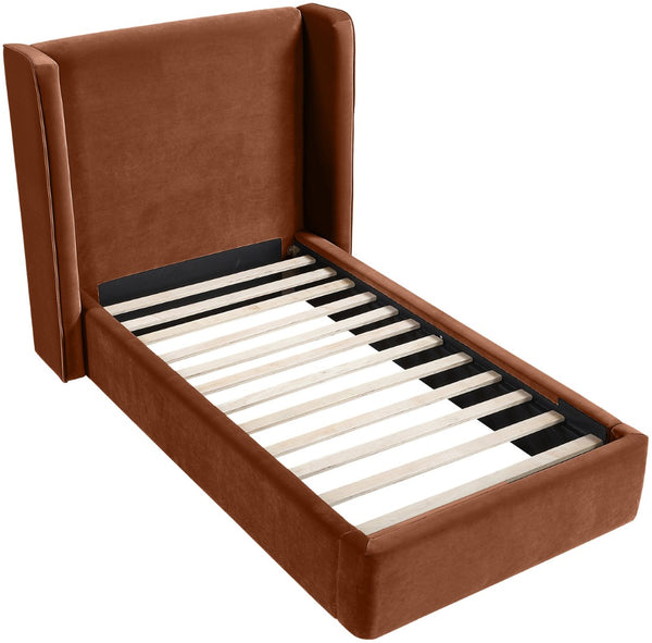 Meridian Furniture Kendall Winged Upholstered Twin Bed with Slatted Platform Base for Modern Bedrooms Cognac Velvet B1283Cognac-T