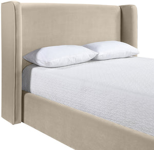 Meridian Furniture Kendall Winged Upholstered King Bed with Slatted Platform Base for Modern Bedroom Elegance Cream Velvet B1283Cream-K