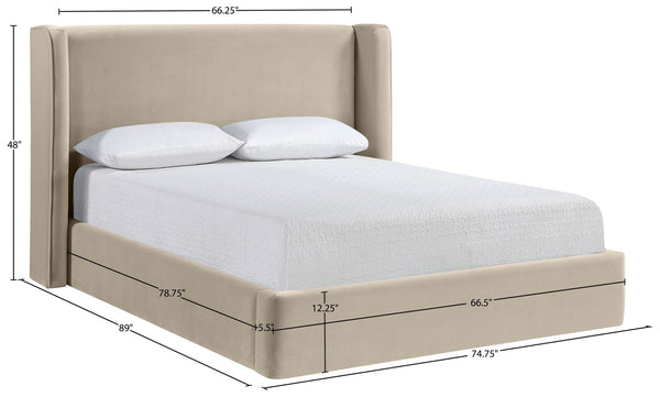 Meridian Furniture Kendall Winged Queen Bed Fully Upholstered Tailored Frame for Modern Bedroom Styling Cream Velvet B1283Cream-Q