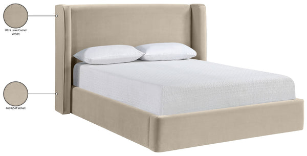 Meridian Furniture Kendall Winged Queen Bed Fully Upholstered Tailored Frame for Modern Bedroom Styling Cream Velvet B1283Cream-Q
