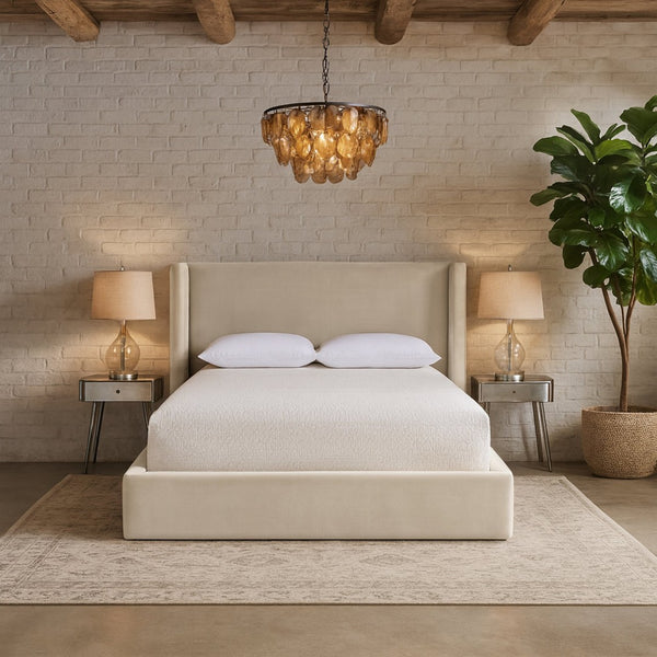 Meridian Furniture Kendall Winged Queen Bed Fully Upholstered Tailored Frame for Modern Bedroom Styling Cream Velvet B1283Cream-Q