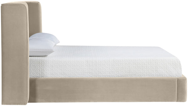 Meridian Furniture Kendall Winged Queen Bed Fully Upholstered Tailored Frame for Modern Bedroom Styling Cream Velvet B1283Cream-Q