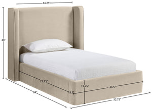 Meridian Furniture Kendall Winged Upholstered Twin Bed with Slatted Platform Base for Modern Bedrooms Cream Velvet B1283Cream-T