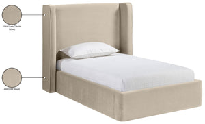 Meridian Furniture Kendall Winged Upholstered Twin Bed with Slatted Platform Base for Modern Bedrooms Cream Velvet B1283Cream-T