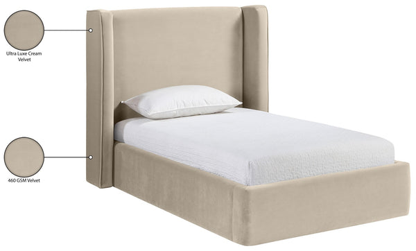 Meridian Furniture Kendall Winged Upholstered Twin Bed with Slatted Platform Base for Modern Bedrooms Cream Velvet B1283Cream-T