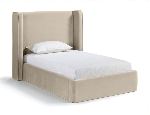 Meridian Furniture Kendall Winged Upholstered Twin Bed with Slatted Platform Base for Modern Bedrooms Cream Velvet B1283Cream-T