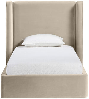 Meridian Furniture Kendall Winged Upholstered Twin Bed with Slatted Platform Base for Modern Bedrooms Cream Velvet B1283Cream-T