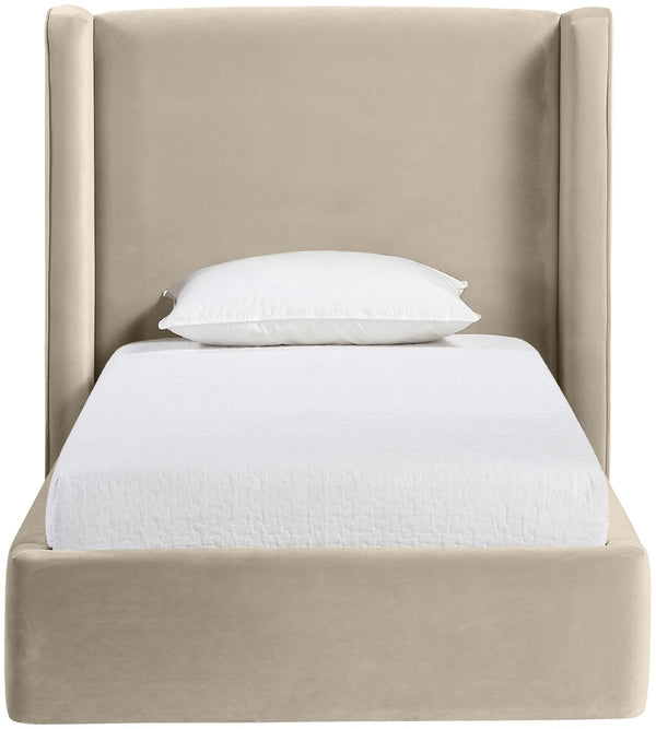 Meridian Furniture Kendall Winged Upholstered Twin Bed with Slatted Platform Base for Modern Bedrooms Cream Velvet B1283Cream-T