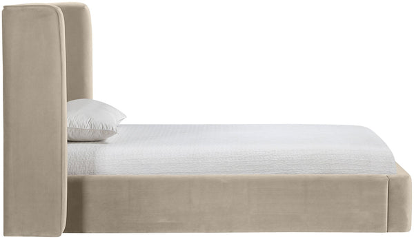 Meridian Furniture Kendall Winged Upholstered Twin Bed with Slatted Platform Base for Modern Bedrooms Cream Velvet B1283Cream-T