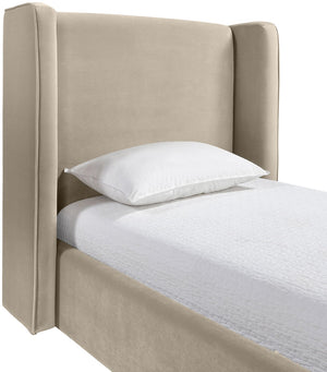 Meridian Furniture Kendall Winged Upholstered Twin Bed with Slatted Platform Base for Modern Bedrooms Cream Velvet B1283Cream-T