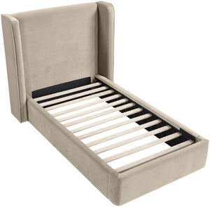 Meridian Furniture Kendall Winged Upholstered Twin Bed with Slatted Platform Base for Modern Bedrooms Cream Velvet B1283Cream-T