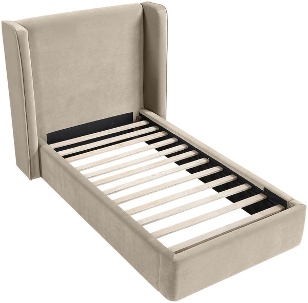 Meridian Furniture Kendall Winged Upholstered Twin Bed with Slatted Platform Base for Modern Bedrooms Cream Velvet B1283Cream-T