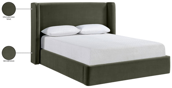 Meridian Furniture Kendall Winged Upholstered King Bed with Slatted Platform Base for Modern Bedroom Elegance Green Velvet B1283Green-K