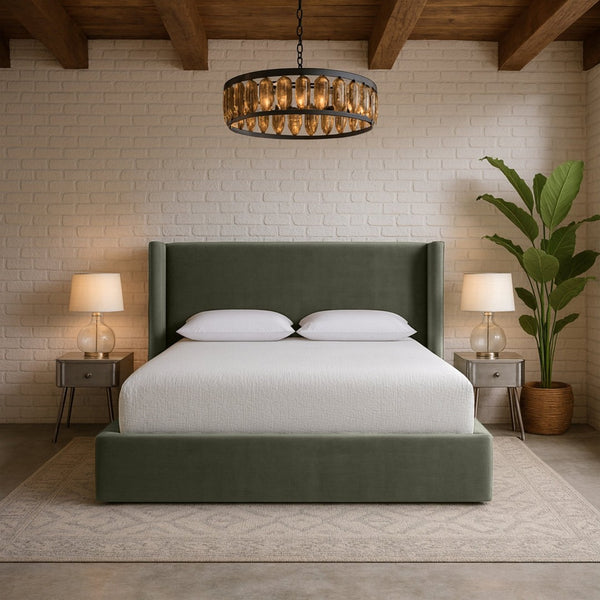Meridian Furniture Kendall Winged Queen Bed Fully Upholstered Tailored Frame for Modern Bedroom Styling Green Velvet B1283Green-Q