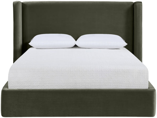 Meridian Furniture Kendall Winged Queen Bed Fully Upholstered Tailored Frame for Modern Bedroom Styling Green Velvet B1283Green-Q