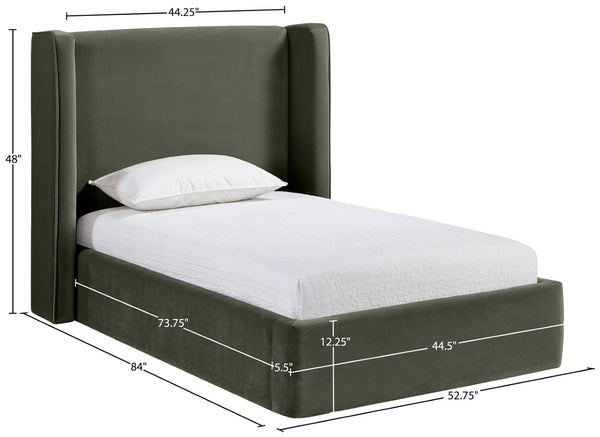 Meridian Furniture Kendall Winged Upholstered Twin Bed with Slatted Platform Base for Modern Bedrooms Green Velvet B1283Green-T